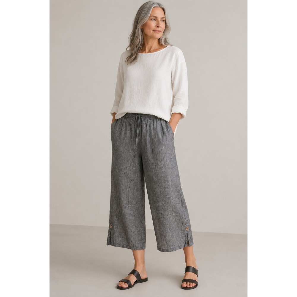 Two Star Dog Womens Linen Crop Pants Gray Pull On Elastic Sz M Coastal Lagenlook